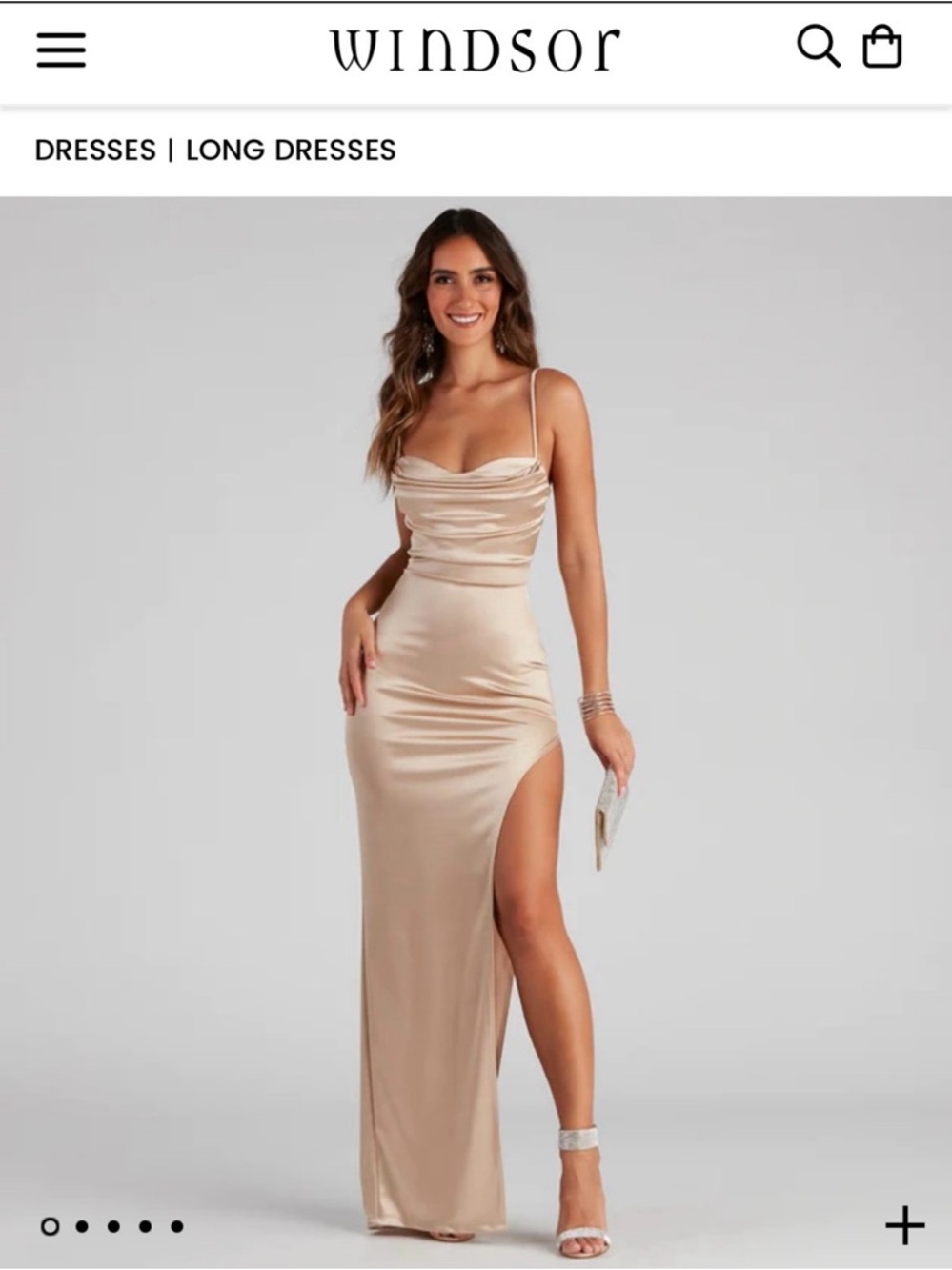 Windsor Champagne Satin Cowl Neck Slit Maxi Dress